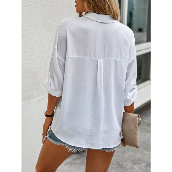 Press Crease Roll Tab button up long sleeve boho Shirt white poplin - Picture 2 of 4